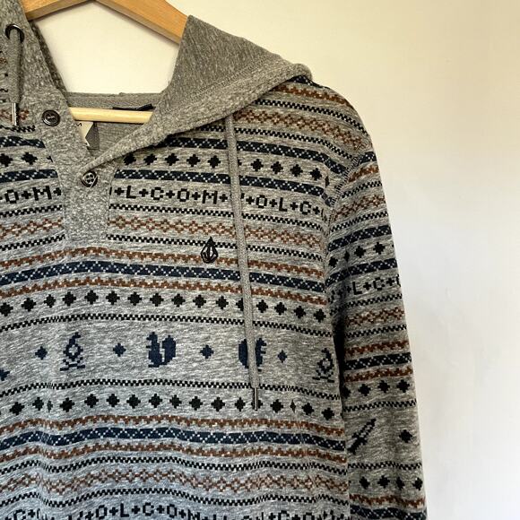 Volcom gray aztec stripe patterned hoodie sweater women's size small petite - Picture 2 of 6